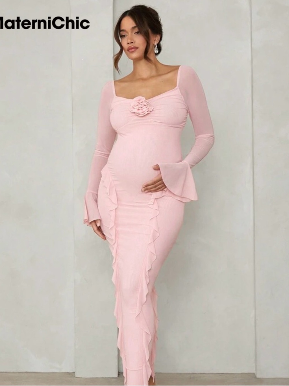 SHEIN Blush Pink Long Sleeve Ruffled Maternity Gown